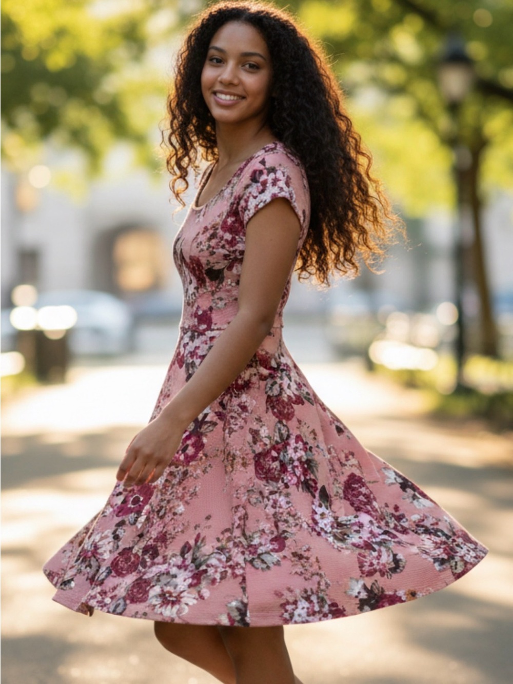 Iris Peach Pink Floral Fit-and-Flare Women’s Dress